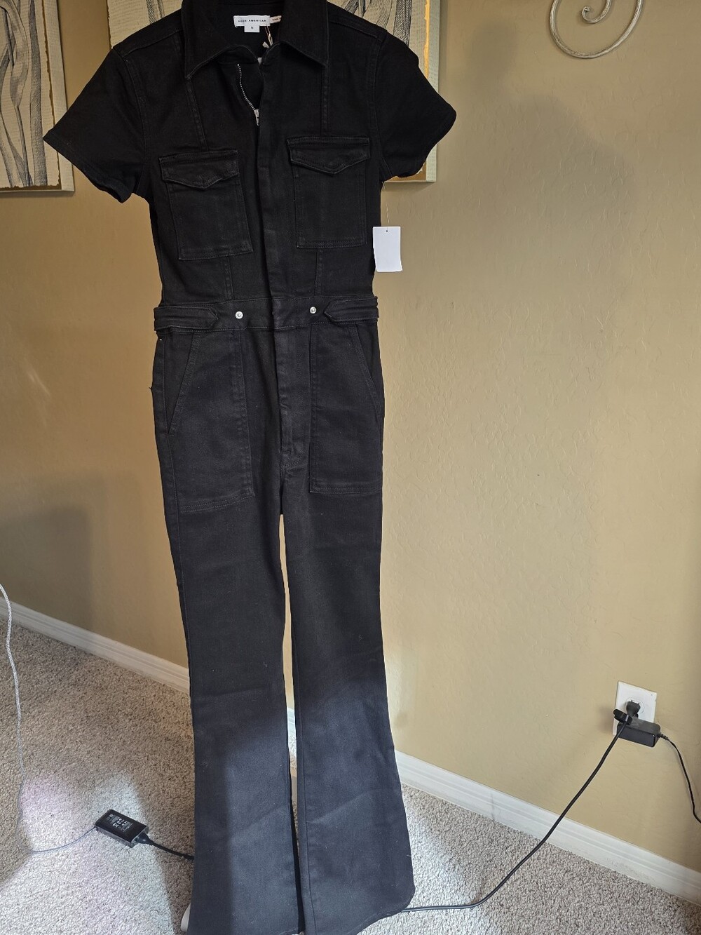 Good American Black Short-Sleeve Denim Jumpsuit with Front Pockets